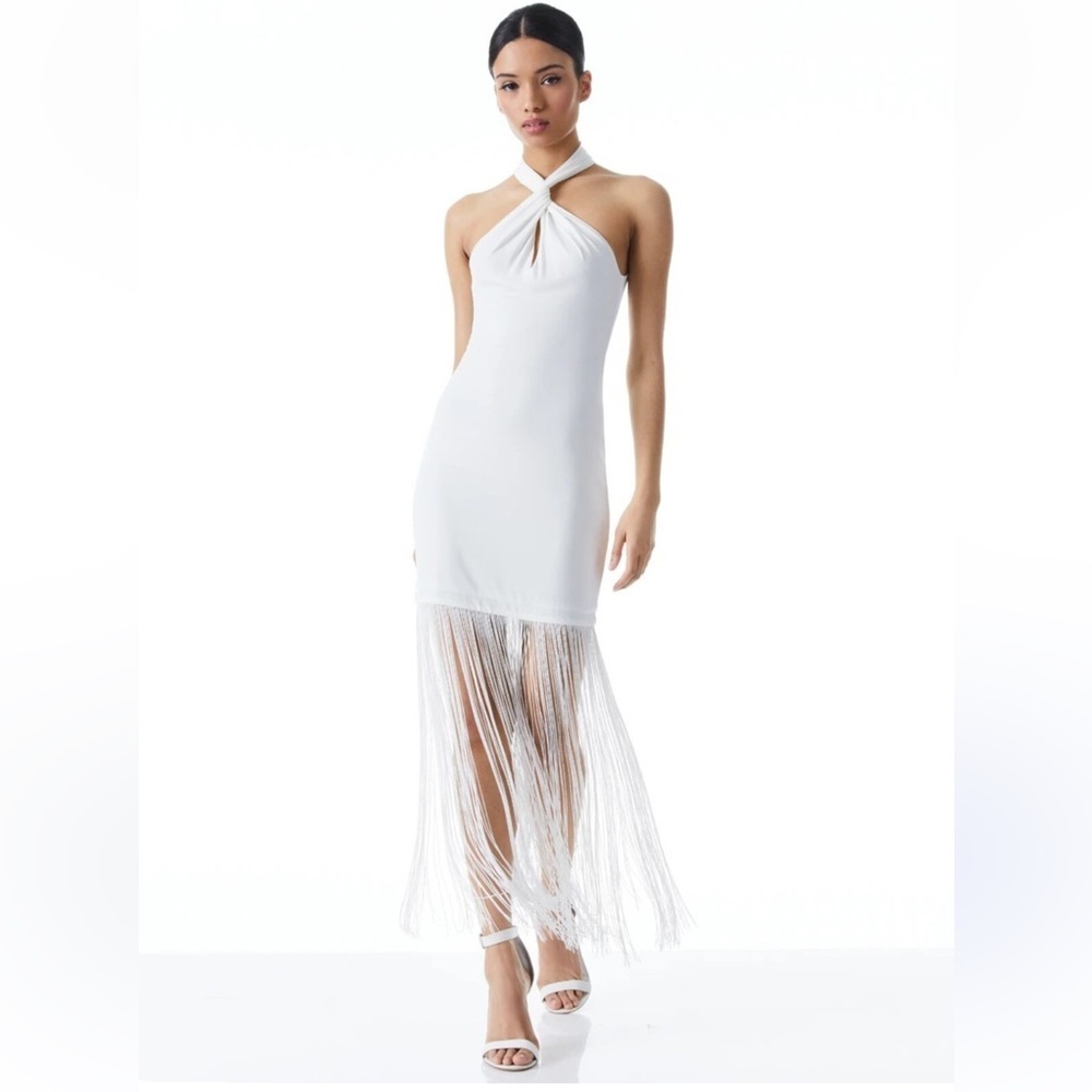 Alice + Olivia Steph Twisted Neck Ivory Dress with Fringe | 6